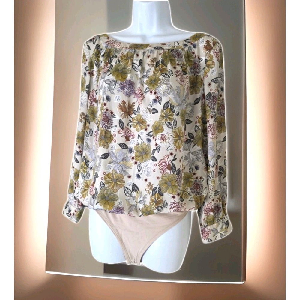 LOFT Bodysuit M Beige Floral Boat Neck Long Sleeve Double Snap Crotch Lightweigh
